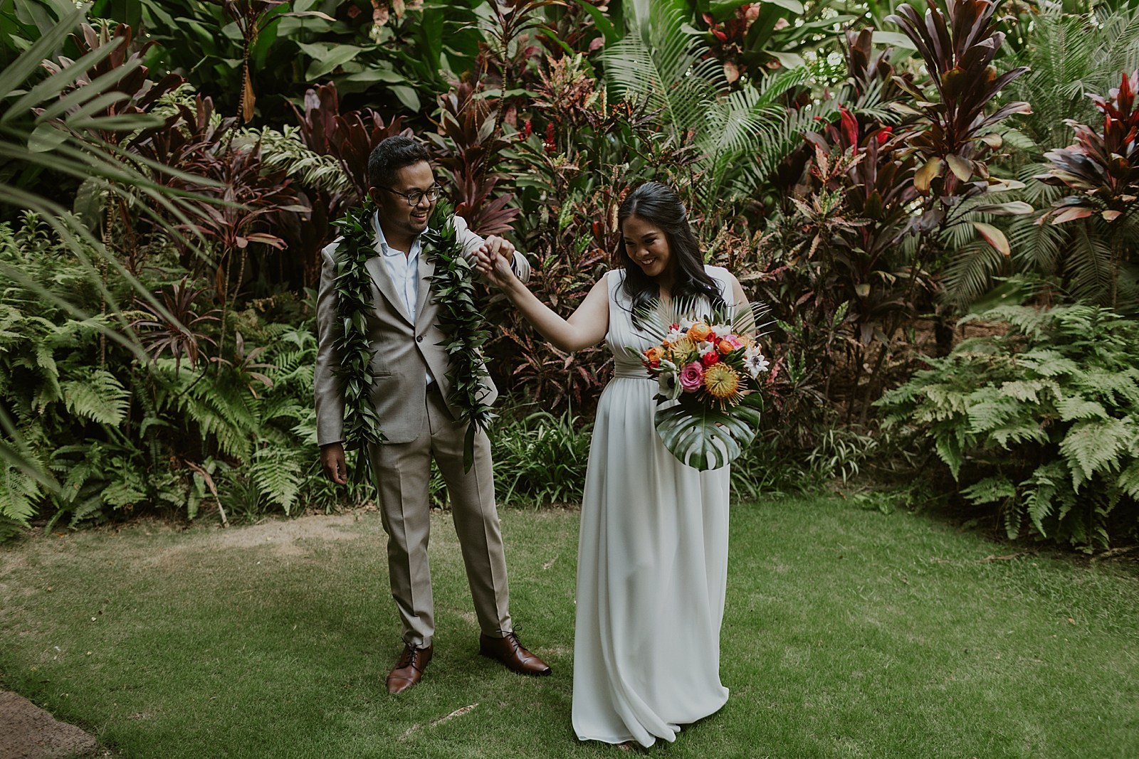 Bride and Groom's reaction to First Look with greenery around them