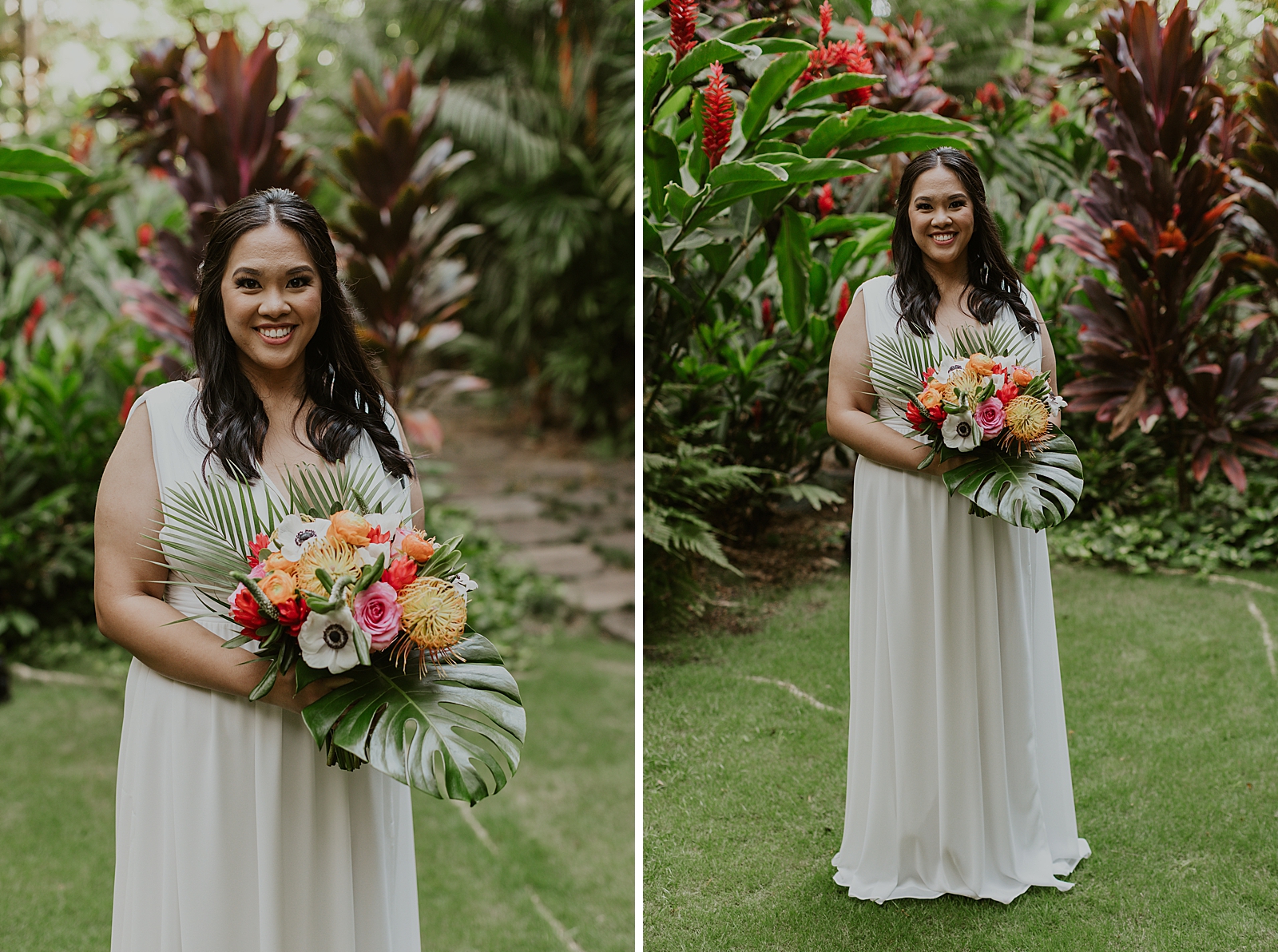 Bride with tropical bouquet out in green garden area