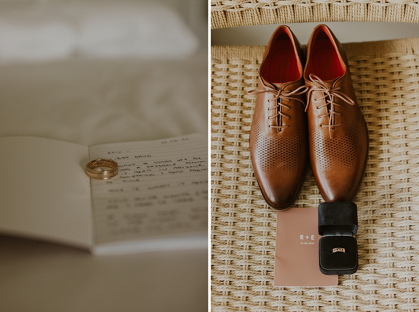 Detail shot of wedding band on vows book and Groom's shoes and wedding band in box