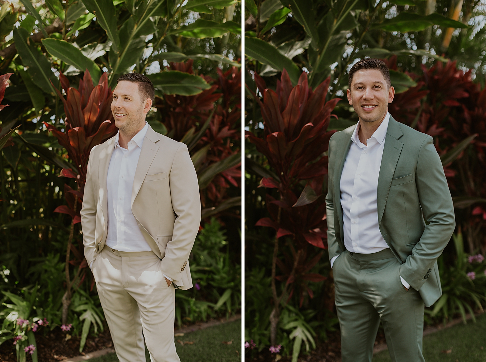 Individual portraits of Grooms in front of greenery