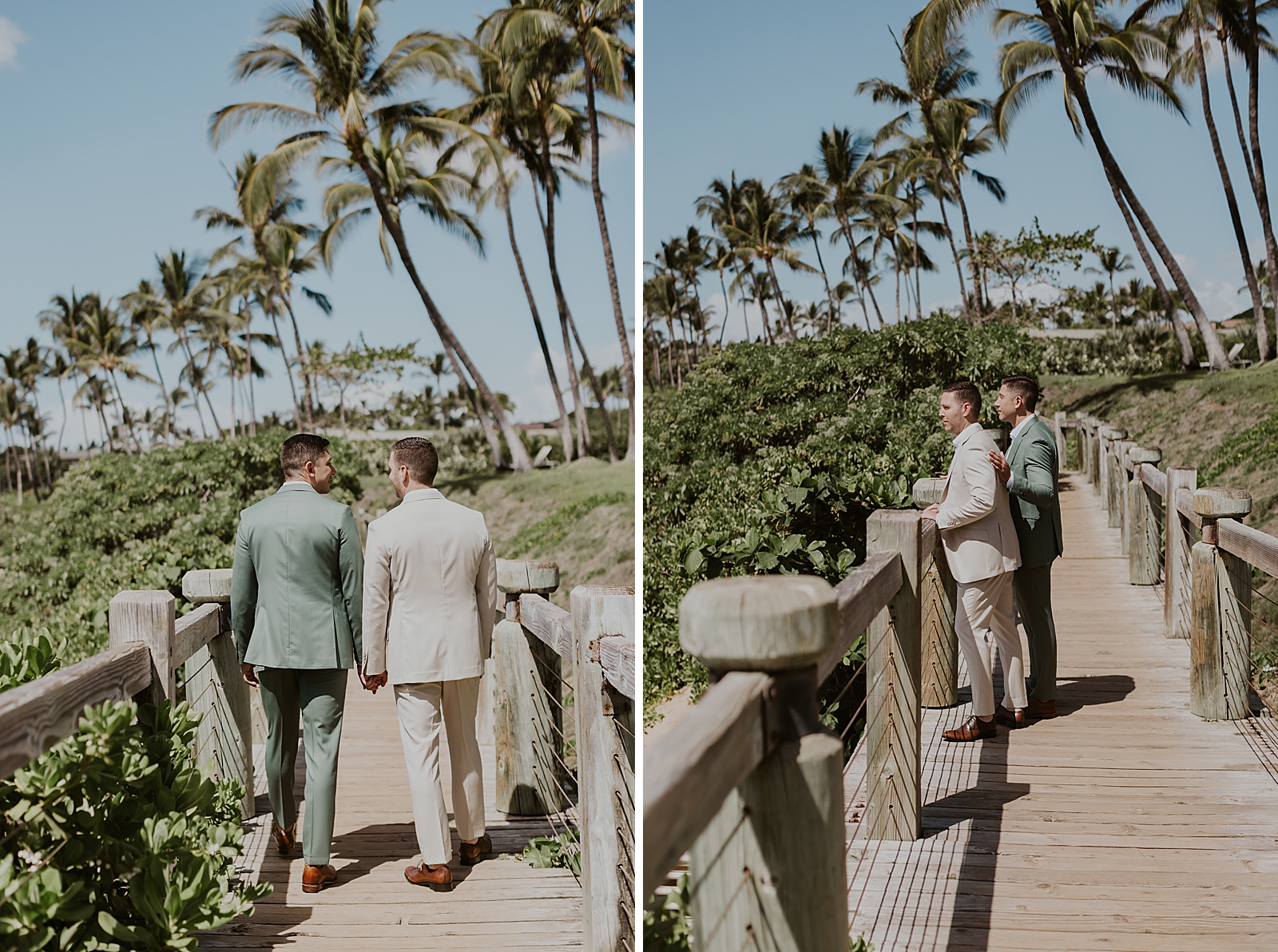 Grooms walking on beach boardwalk and looking out at the ocean 
