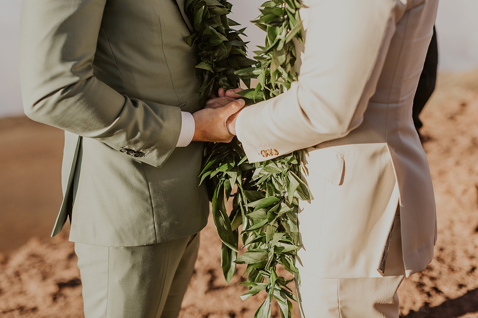 Closeup of Grooms holding hands on the mountain side