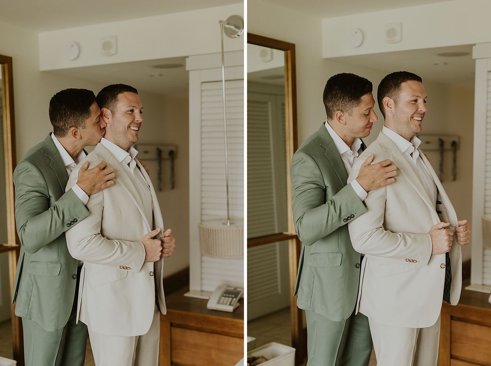 Groom just putting on white jacket in hotel room getting ready
