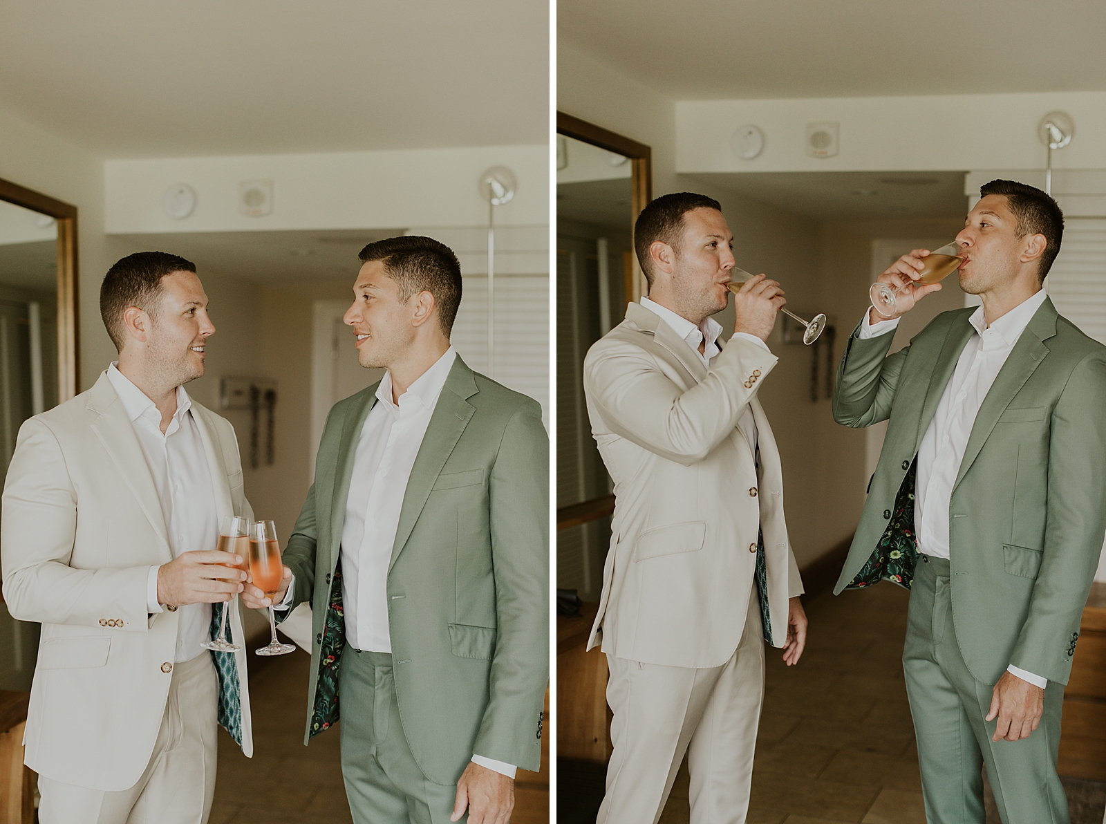 Grooms cheering wine and drinking in hotel room