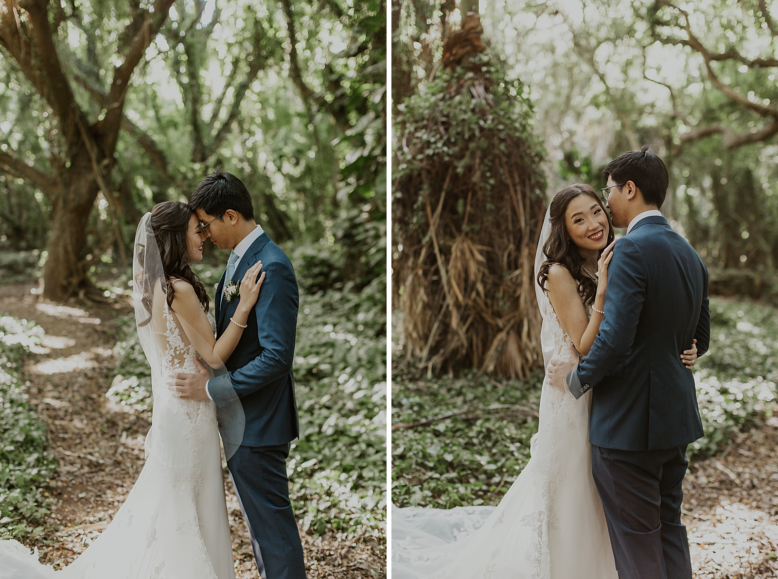 Bride and Groom resting their heads on each other surround by trees and greenery