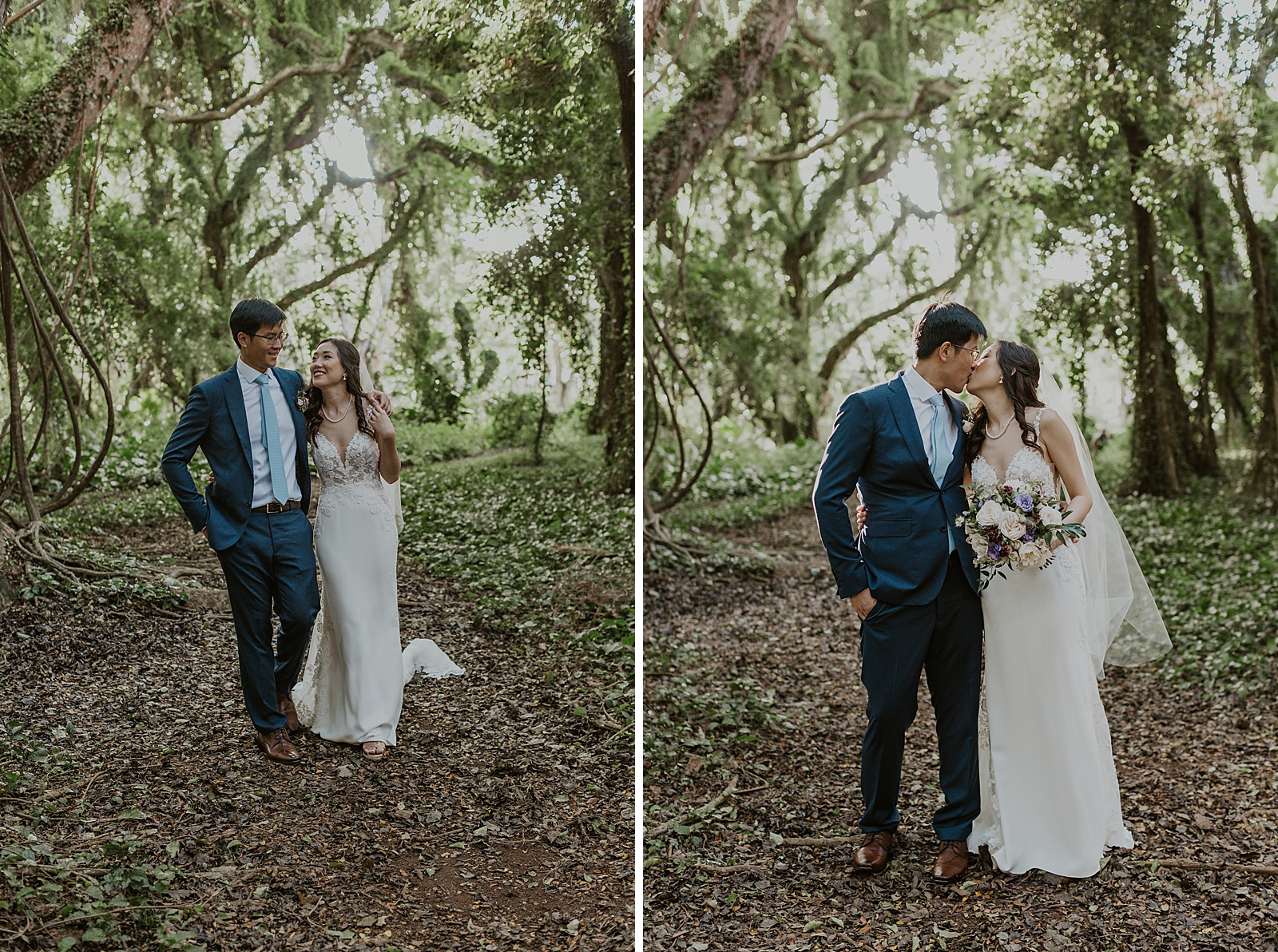 Bride and Groom walking in the forest together with arms around each other