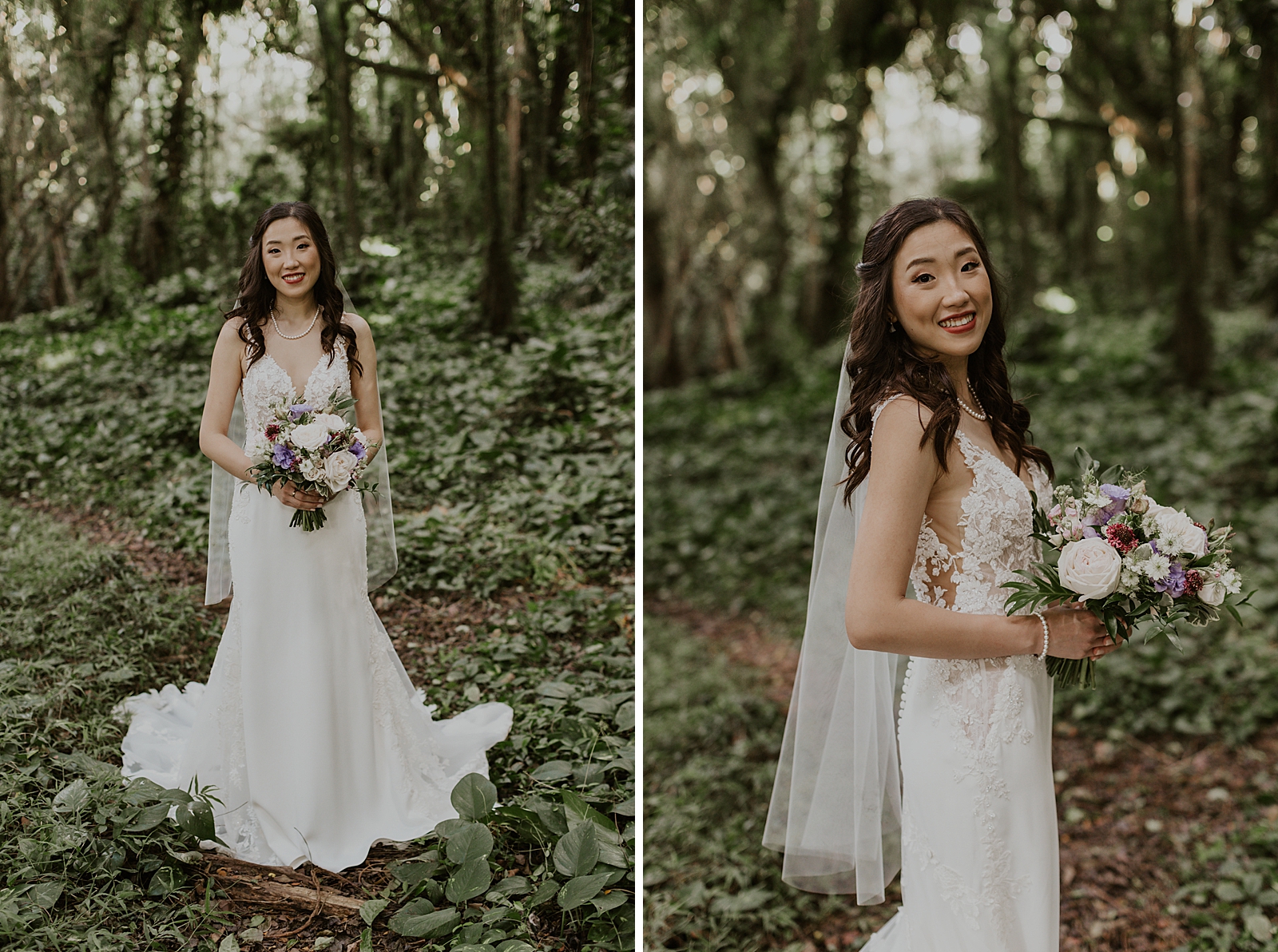 Portrait of Bride holding bouquet in the forest
