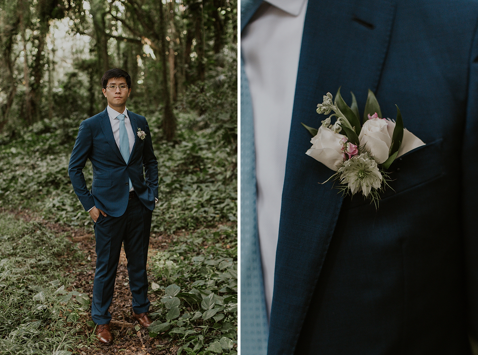 Individual portrait of Groom and closeup of boutonniere 