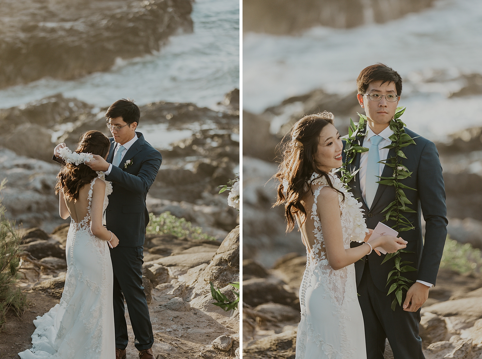 Groom putting lei on Bride for Ceremony
