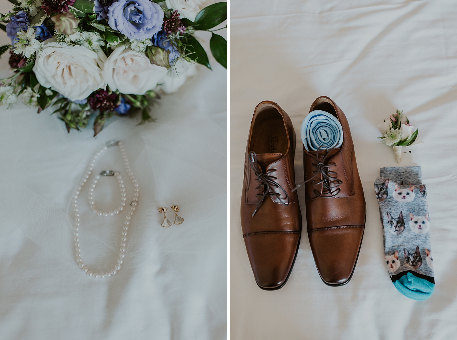 Detail shot of Bride jewelry and Groom's shoes and socks