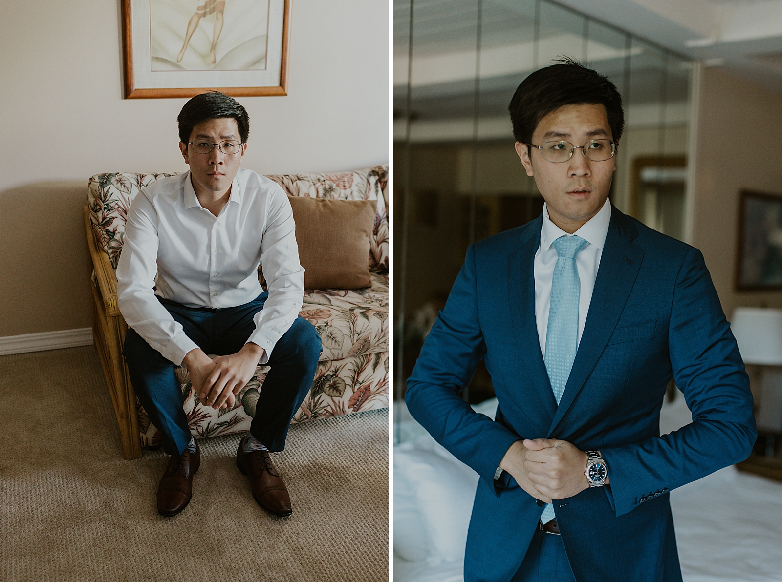 Groom getting ready in hotel room with blue suit