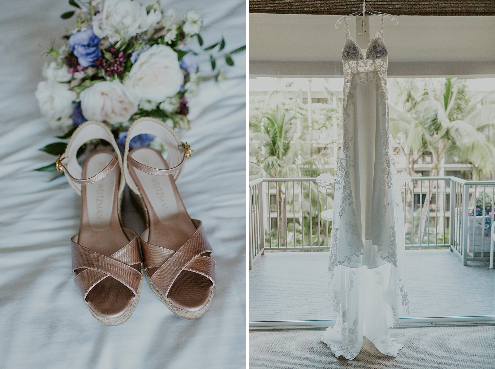 Detail shot of Bride's heels and wedding dress hanging by the window