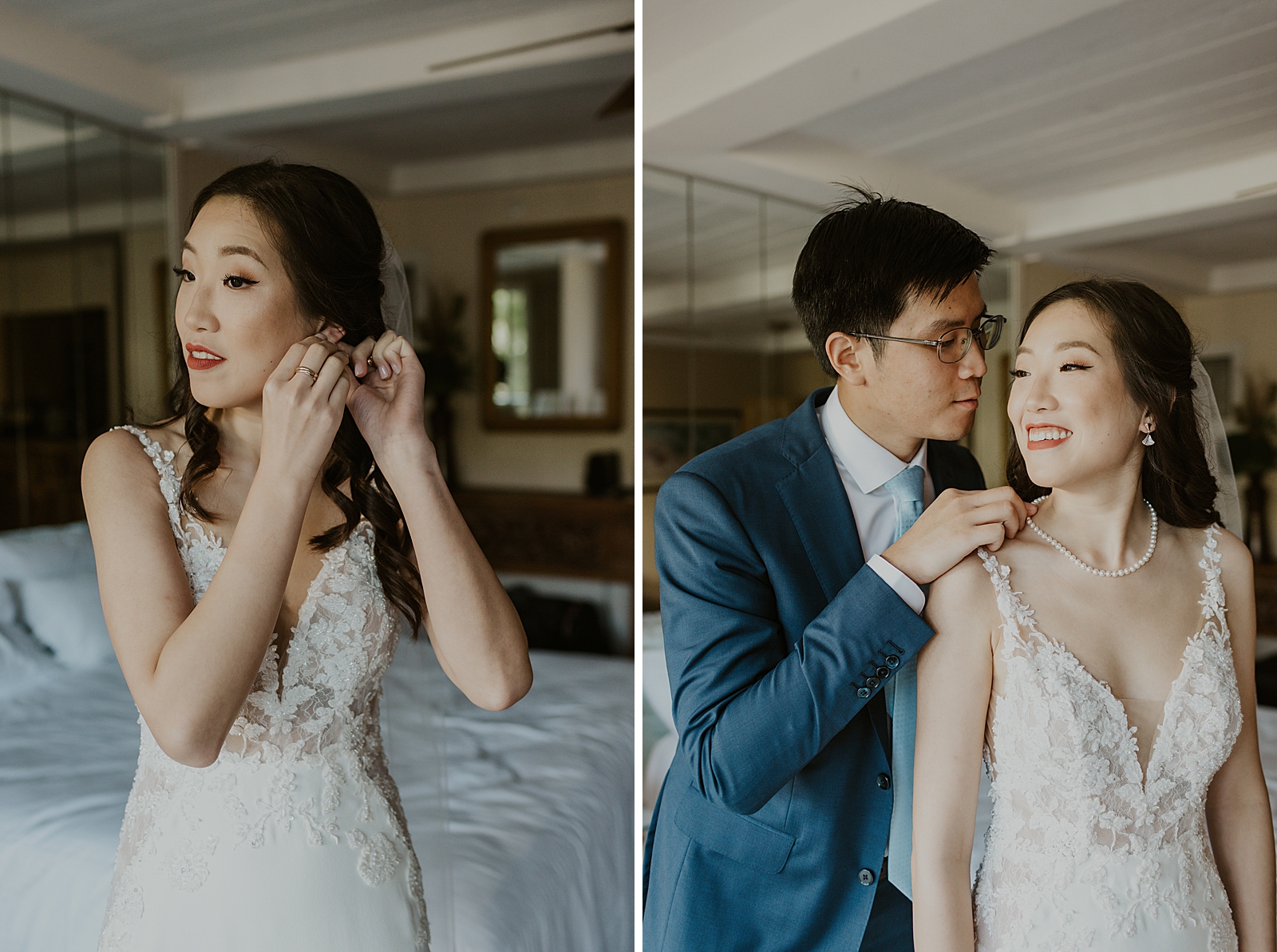 Bride putting on Jewelry in hotel room