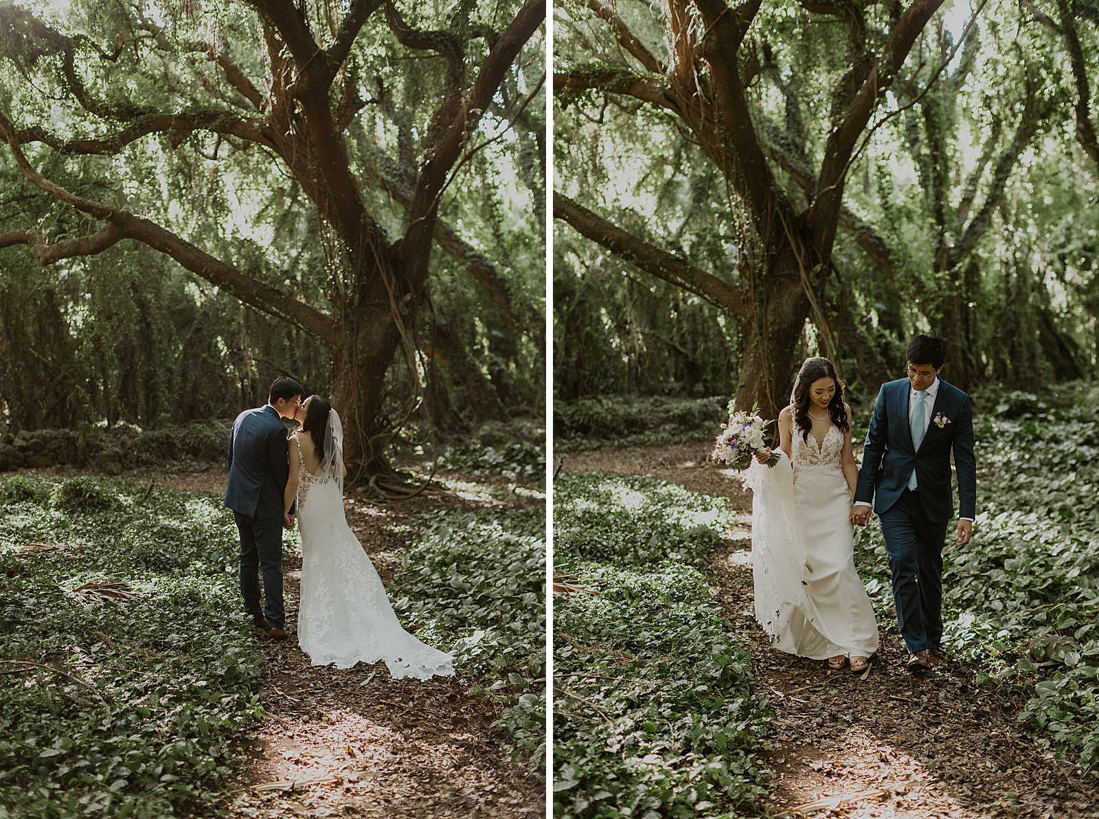 Bride and Groom kissing out in the forest