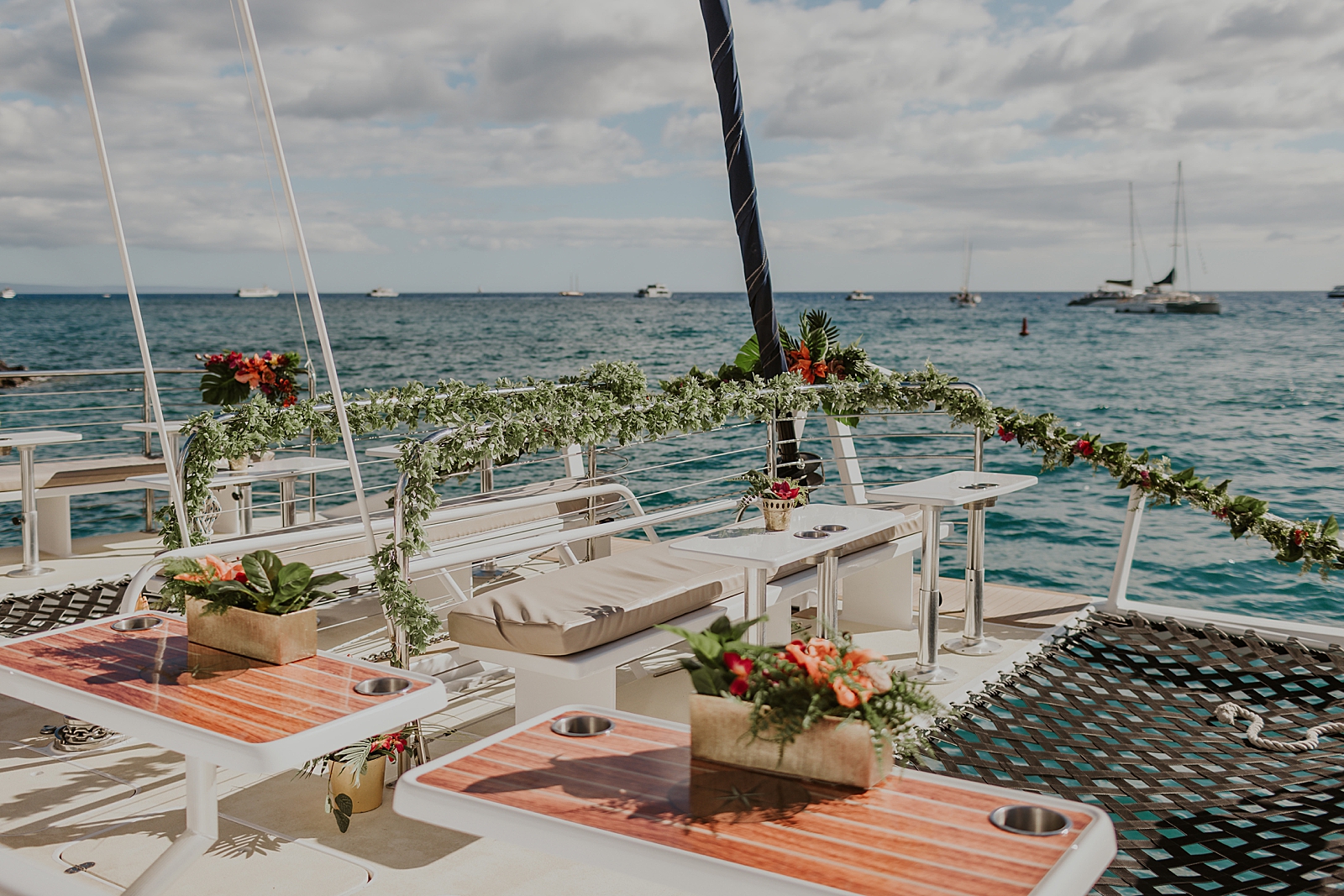 Detail shot of decorated yacht boat with greenery