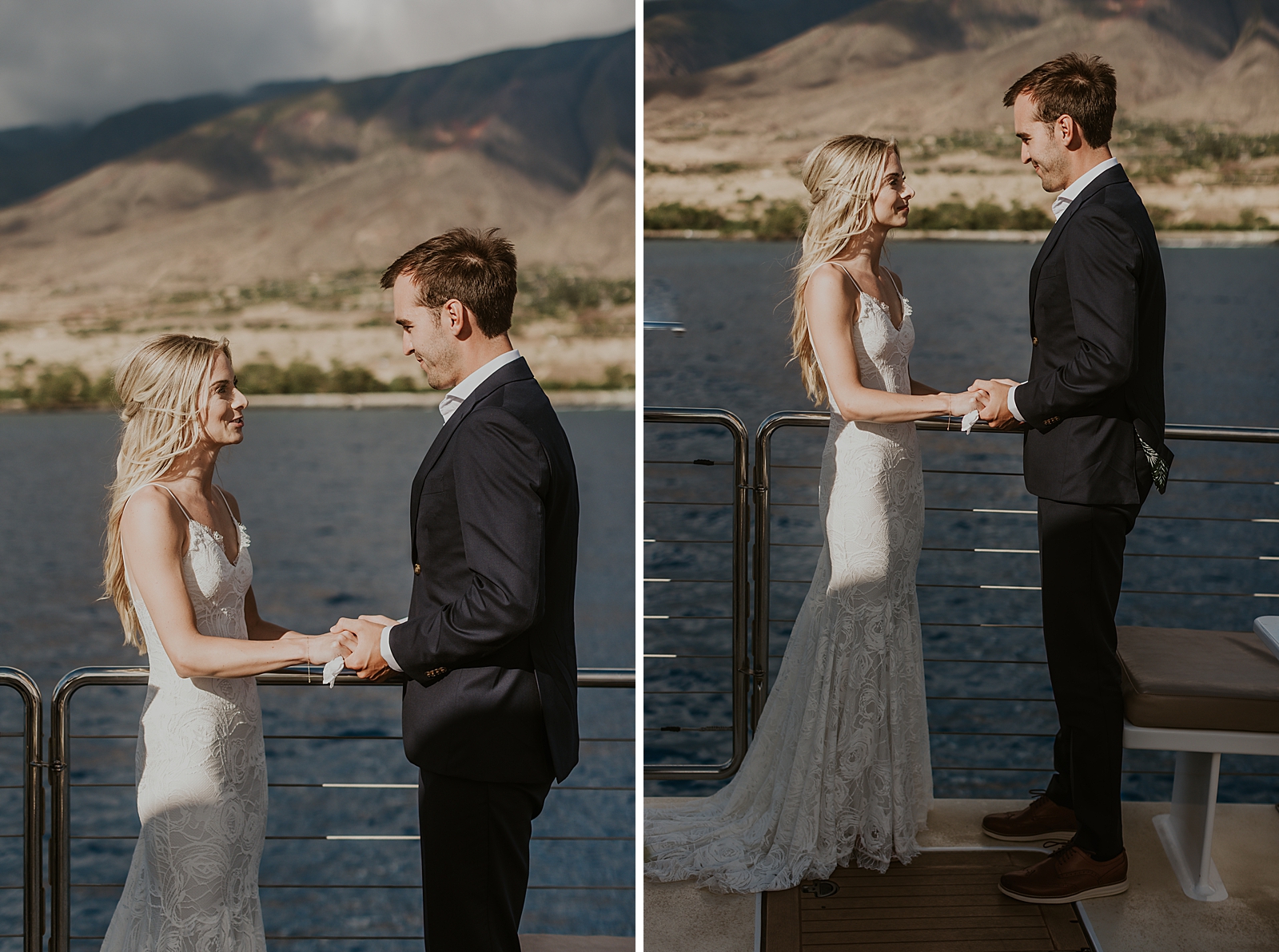 Bride and Groom hand in hand on the boat out on the ocean