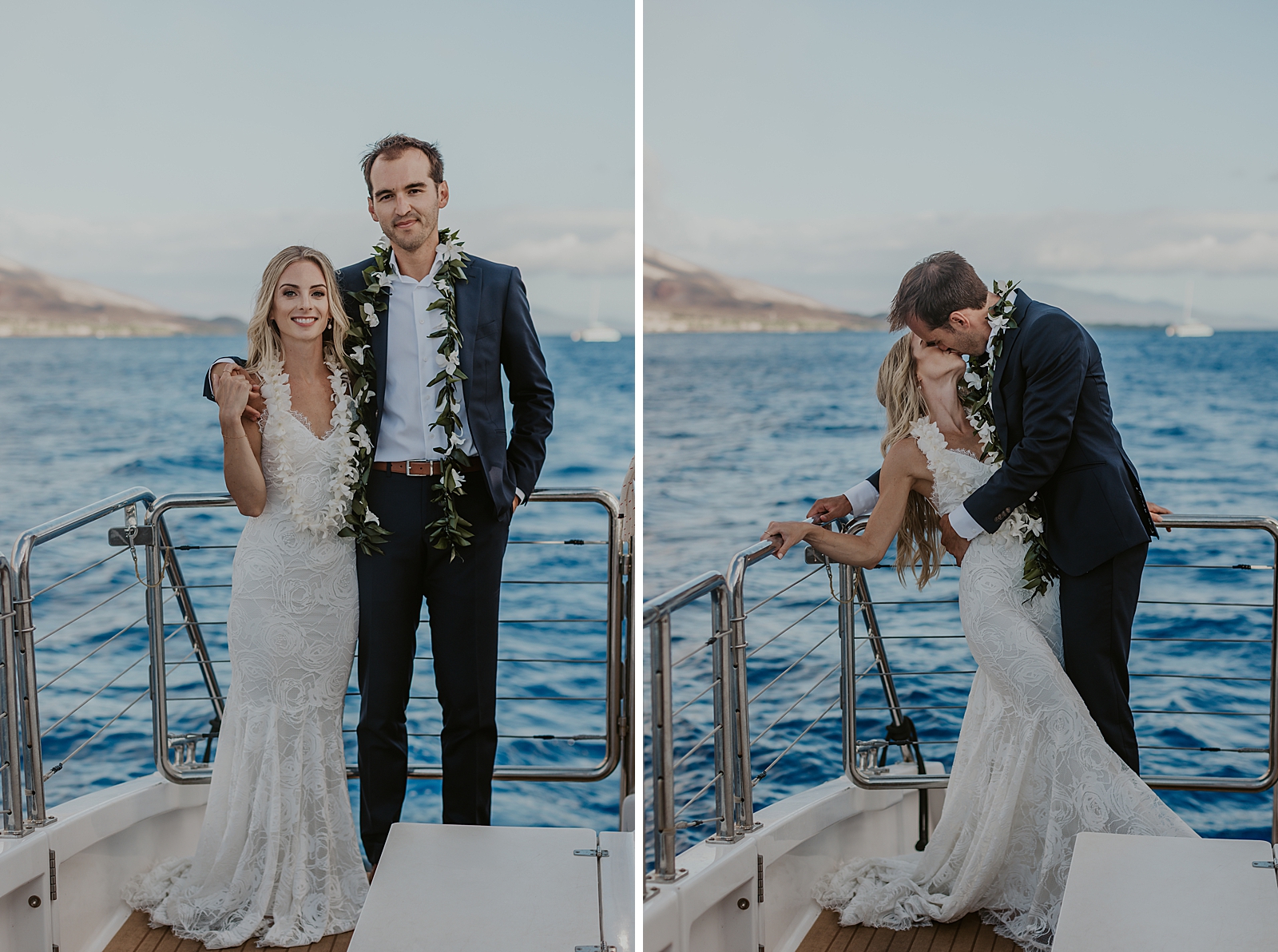 Bride and Groom portrait and kissing on the boat while out on the ocean
