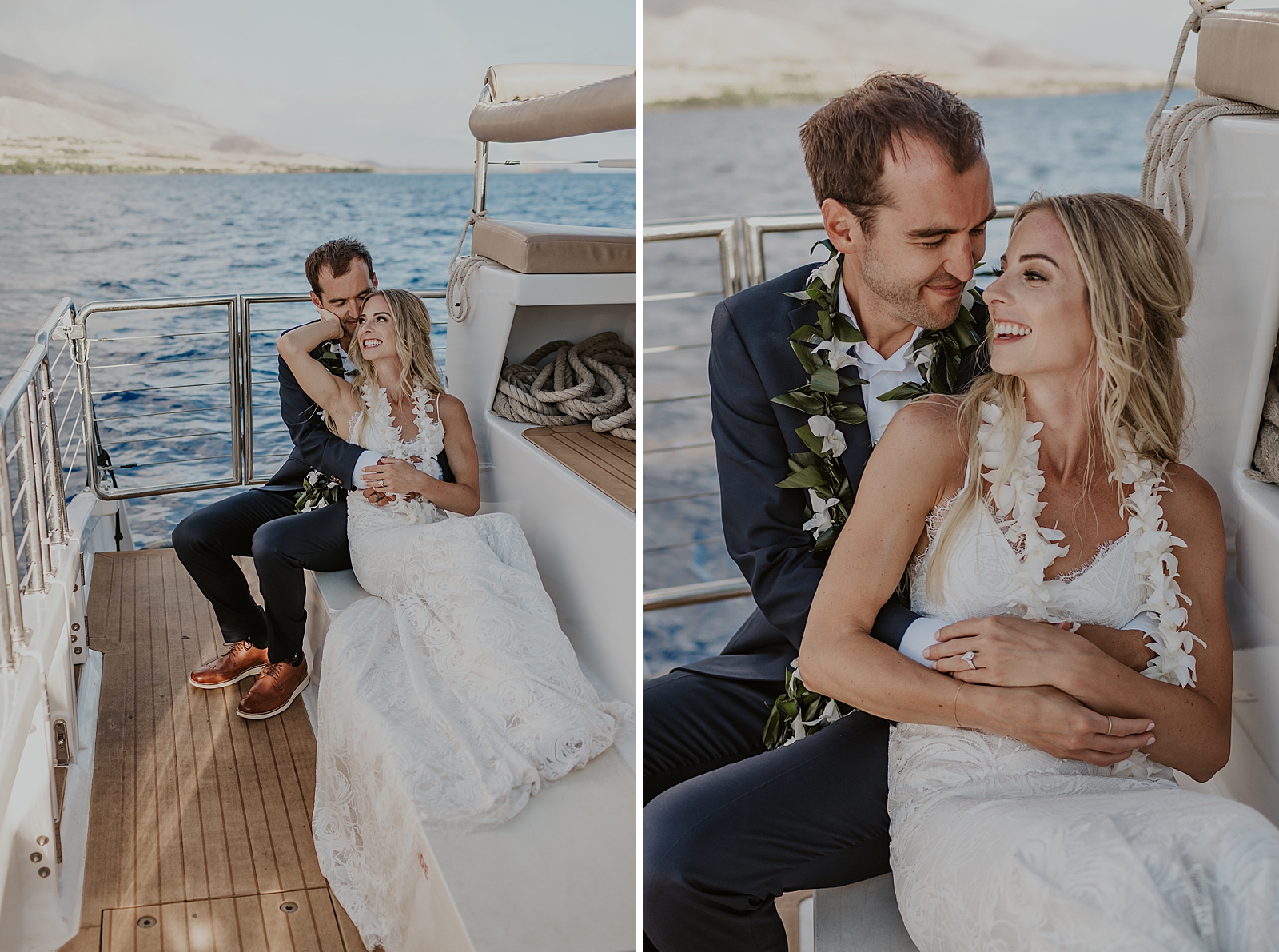 Bride sitting and leaning on Groom while of the boat