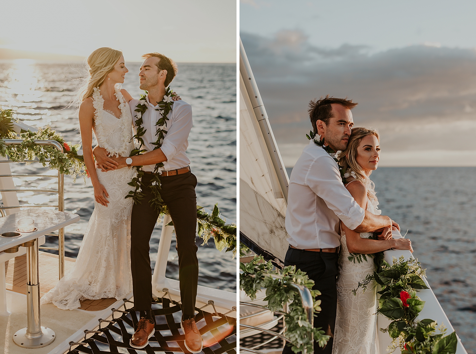 Bride and Groom holding each as the sunsets on the ocean